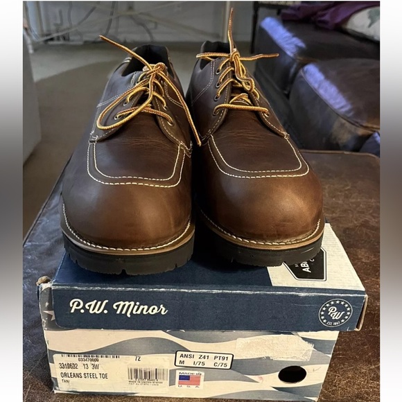 P.W. Minor "Orleans" Steel Toe Tan Leather Shoes, Men's Size 13 3W, New with Box - Picture 6 of 7